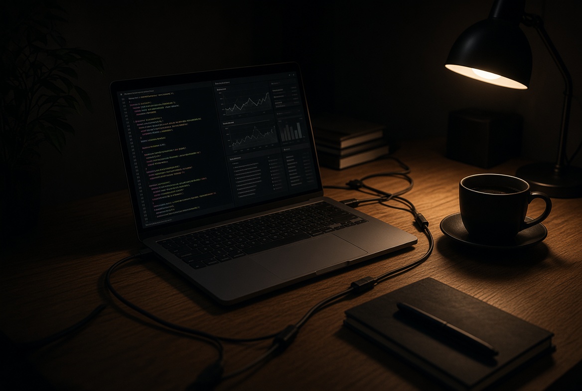 Night desk with code and analytics